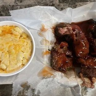 Small turkey tips with a side of Mac and cheese
