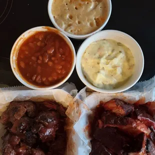 Turkey tips, ribs tips and 3 regular size sides