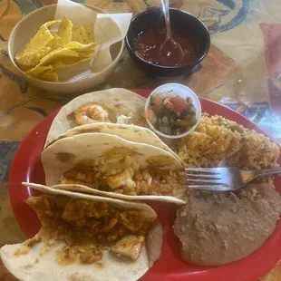 Shrimp tacos with rice and beans