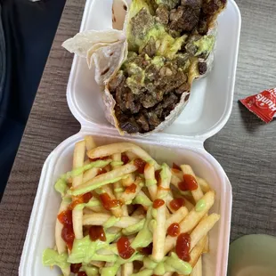 Asada burrito, fries with guacamole