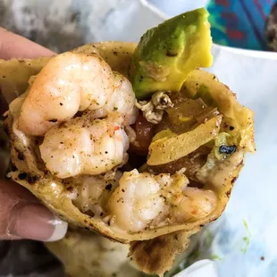 Shrimp, avocado and roasted onion burrito! Yes!
