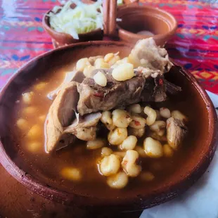 Pozole, excellent bowel of porky, garlicky, soup on a cold day.