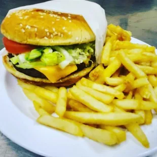 Cheeseburger and fries