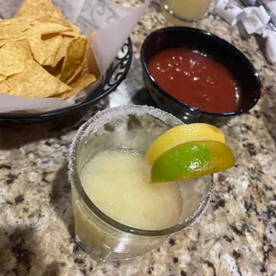 House frozen margarita, chips and salsa