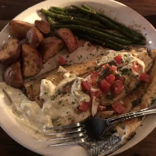 Crusted trout was amazing! We had bruschetta as an app, and creme brûlée (both were also amazing)!