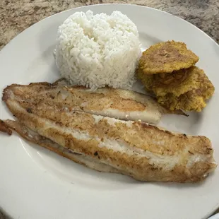 a plate of fish and rice