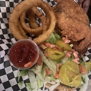 Chicken Sandwich and Onion Rings - HUGE and delicious!