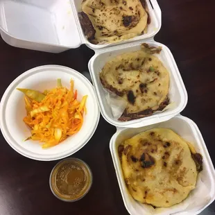 Pupusas - Queso, Frijoles con Queso, Revueltas, with cabbage and hot sauce