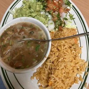 Charro beans,guacamole, rice and pico de gallo