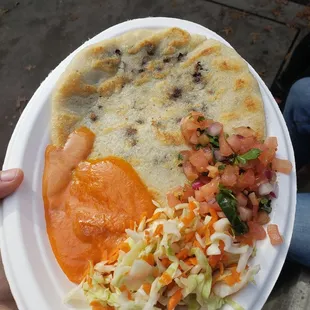 Amazing hand made and fresh to order vegetarian pupusa  plate. Delicious!