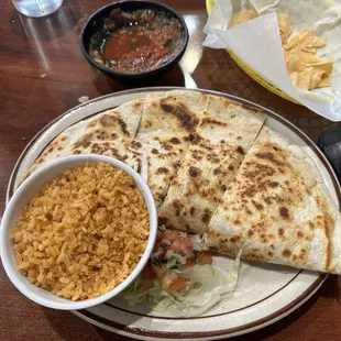 Carne asada quesadilla and small side of rice