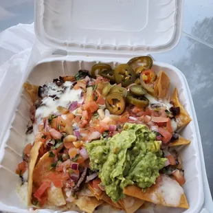 Grande nachos with Carne asada (no sour cream for me)