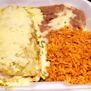 Burrito enchilada style; green sauce; rice; beans