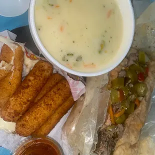 Italian Beef Sandwich Mozzarella Cheese Sticks Cream of Broccoli Soup