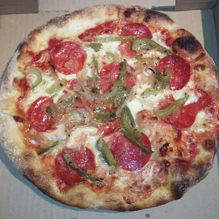 pepperoni, peppers, and cheese