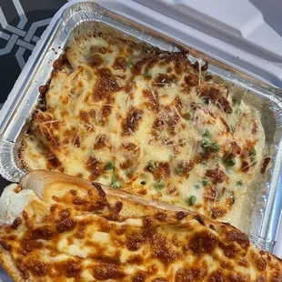 Baked Linguini Carbonara with Cheesy Garlic Toast