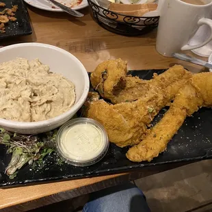 Fried Walleye dinner with red skin mashed potatoes