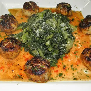 Blackened Scallops with Greens