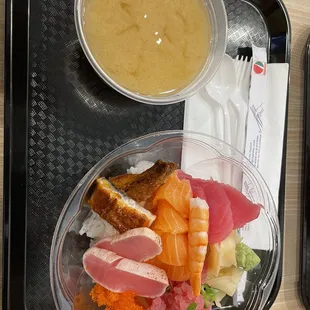 Chirashi Don &amp; Miso Soup (buy separately). Very clean &amp; simple flavors, put soy sauce &amp; wasabi, or ask for side sauces