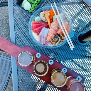 Chirashi bowl, seaweed salad and a flight of beer at Jellyfish Brewing (only a 10-minute walk away)