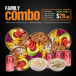 Complete Dinner for 4 including 4 Rice Bowls 2 sides and 4 drinks only $29.95