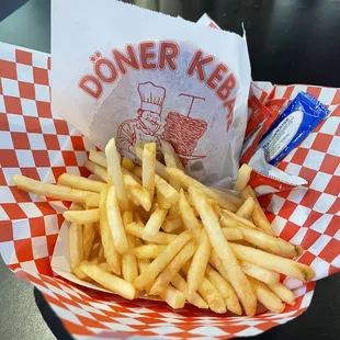 The fries were perfectly salty, just right with the kebab