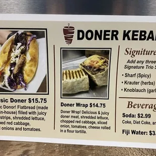 Menu: There are two items on the menu. A Doner Wrap and a Classic Doner.