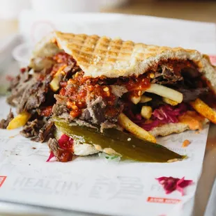 Unique dishes like our  Fladenbrot with our tender Beef Döner Kebab at DönerG Turkish and Mediterranean Grill!