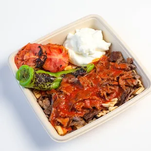 Our Iskender Kebab Plate is picture perfect at DönerG Turkish and Mediterranean Grill.