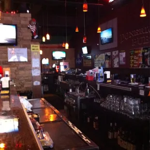 a bar with a long counter