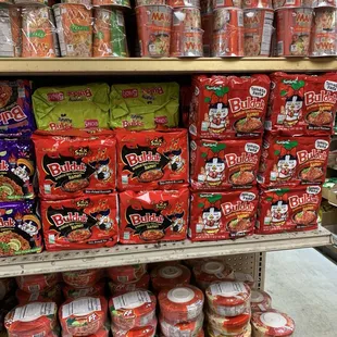 Lots of noodles including Buldak spicy noodles