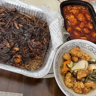 Black bean noodles for two, sweet and sour pork (1/3 of the full portion), and braised chili shrimp