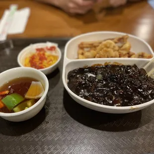 Black bean noodle and sweat and sour pork