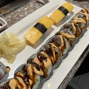 Bulgogi sushi roll with tamago nigiri