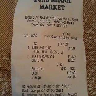 Receipt from a quick trip for some pho ingredients we were out of.