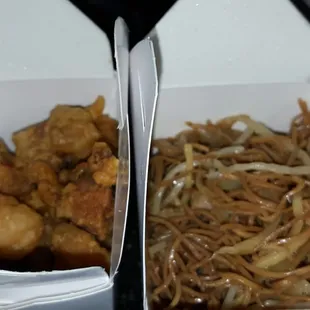 Sweet and sour chicken (L) and Lo mein (R).