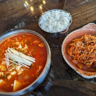 Vege Soondubu Jjigae  Sliced Radish Kimchi