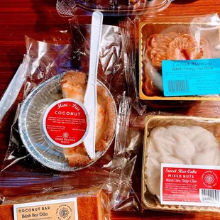 Coconut pie, bar, moon cake and mochi At the very top, macaroons