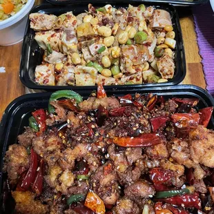 405. Yushiang Pork (top) 121. Sichuan Diced Chicken (middle)  501. Meizhou Chili Chicken (bottom)