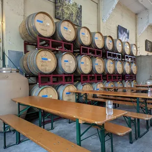 rows of wooden barrels