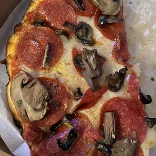 Small thin crust with pepperoni and mushrooms.