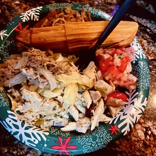 Donna's Christmas party 2024, round 1! Erin's Kalua pig and cabbage and Frank's tamales were the best. Lolo's greek salad was also good!