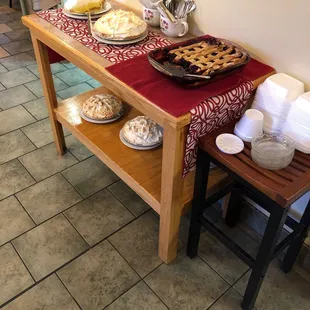 Coconut pie, chocolate pie, and blackberry cobbler.