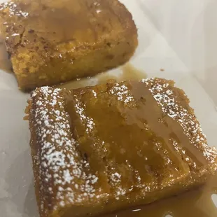 Warm sweet potato bread pudding to take home.