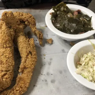 Fried catfish with greens and coleslaw.