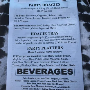 Catering/beverage menu