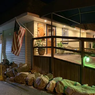 a view of a restaurant at night
