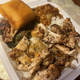 Jamaican jerk chicken, Collard greens and baked beans
