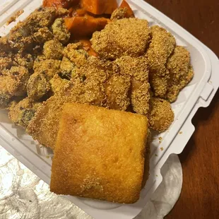 Catfish, fried okra, and candid yams