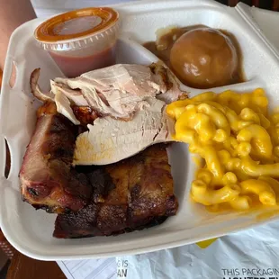 turkey and rib plate with mashed potatoes and mac and cheese
